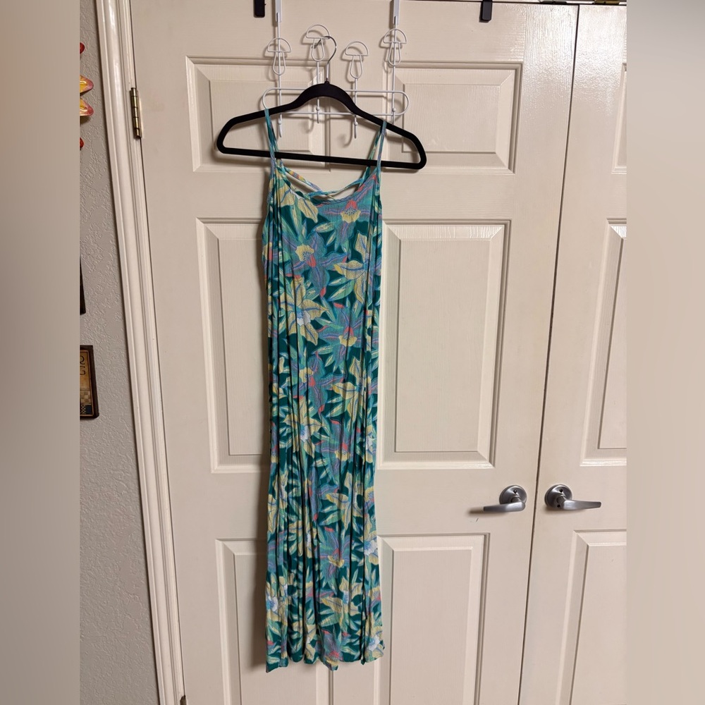 Rainbow-Jo Lace Up Back Tropical Floral Print Side Slit MIDI Dress